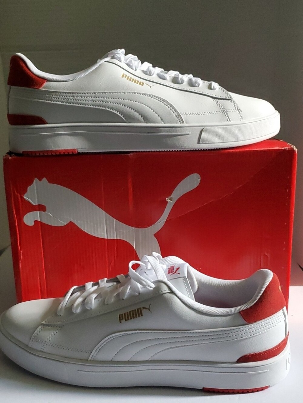 Puma Serv Pro White Sneakers with Red Accents and Gold Logo Men's Size 14
